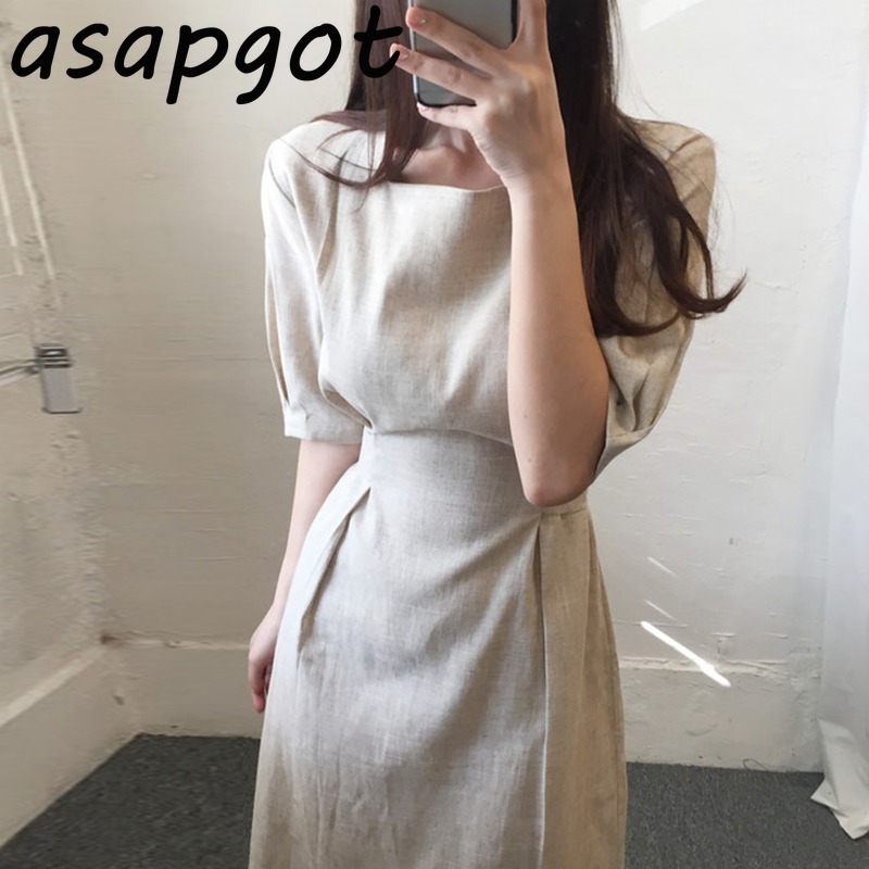 Summer Vintage Plus Size Blue Short Sleeve Square Neck Cotton Linen Dress Women Slim Lace Up Waist Temperament Solid 210429