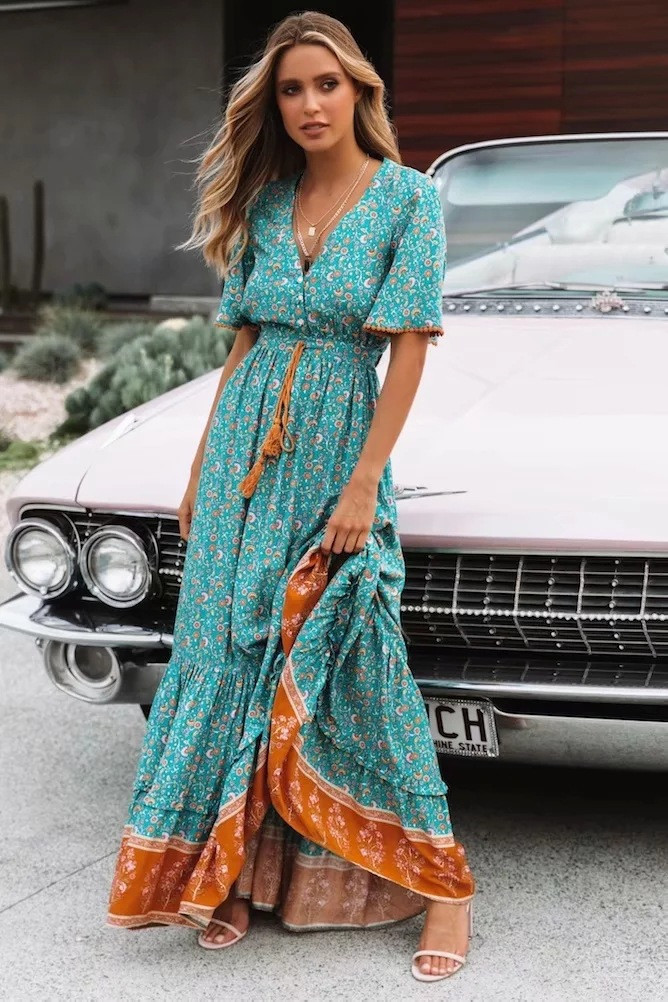 Women Dress Printed Bohemia es Sexy Long Print Floral Maxi V Neck Lace Up Ruffle Plus Size Summer es 210513