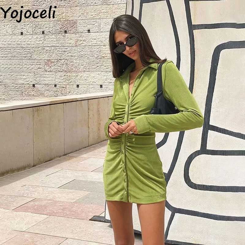 Yojoceli Sexy pleated velvet autumn dres Party club bodycon female Casual daily short shirt vestidos 210609