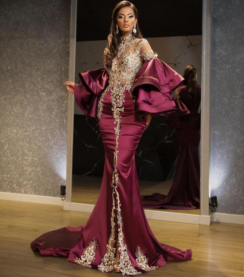 2022 Sparkly Arabic Aso Ebi Dark Red Mermaid Prom Dresses Crystals Beaded High Split Long Sleeves Plus Size Evening Formal Party Second Reception Gown