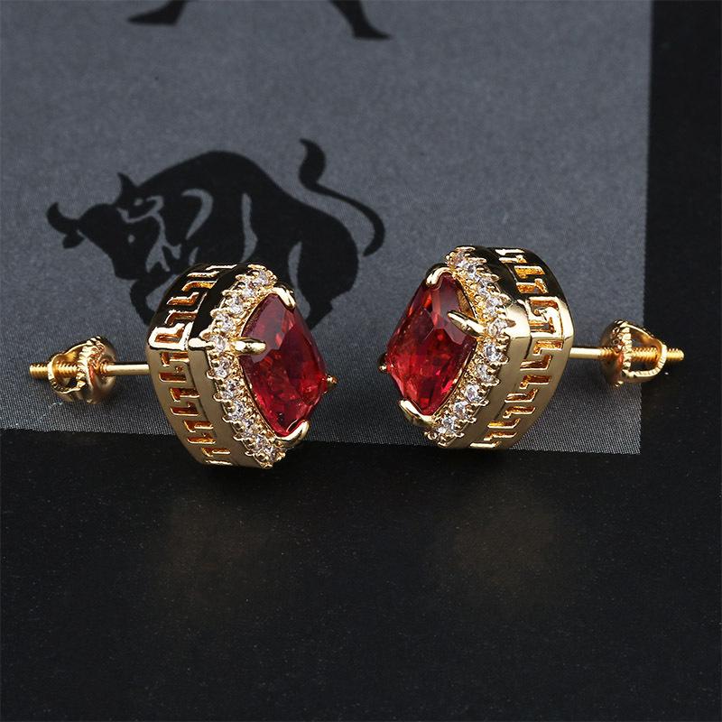 hip hop colorful gemstone stud earrings womens bling iced out diamond earrings red green blue gem ruby Emerald Earrings