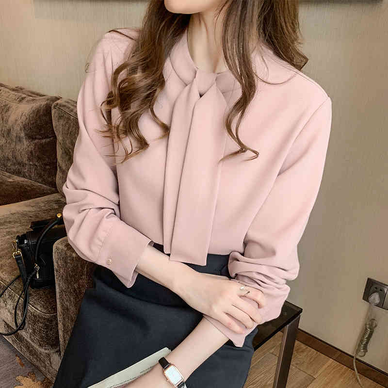 Autumn Long Sleeve Chiffon Blouse Shirt Women Tops Blouse Women Blusas Mujer De Moda Stand Collar Blouse Women Shirts D525 210323