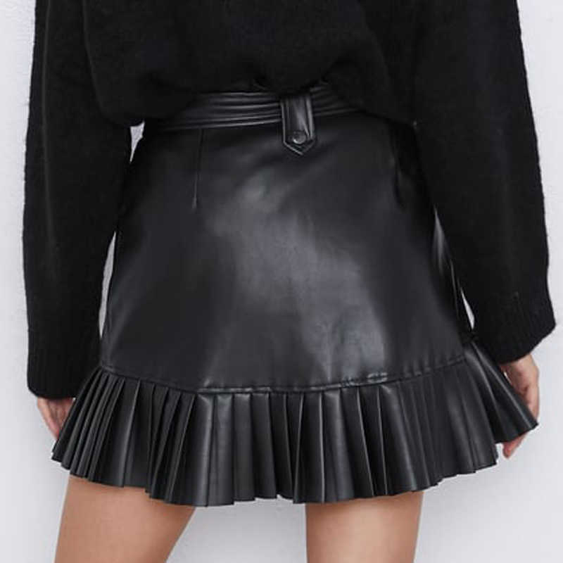 Ruffle high waist skirt mini sexy short s black Sash elegant leather women faux with pockets 210619