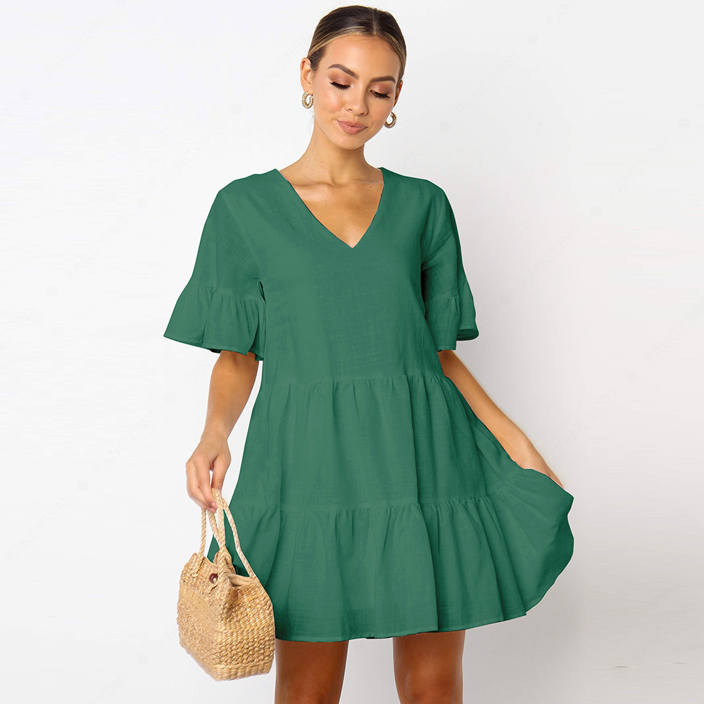 Women Dress Solid Short Sleeve V Neck Bohemian Ruffles Loose Casual Summer es Plus Size Ladies es 210513
