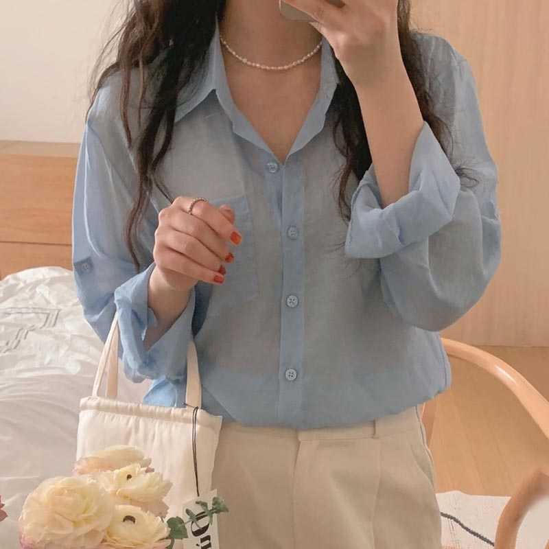 Korejpaa Women Shirt Korean Style Fashion Simple Single-row Buckle Loose Casual Outer Wear Long-sleeved Blouse Top Girl Blusas 210526