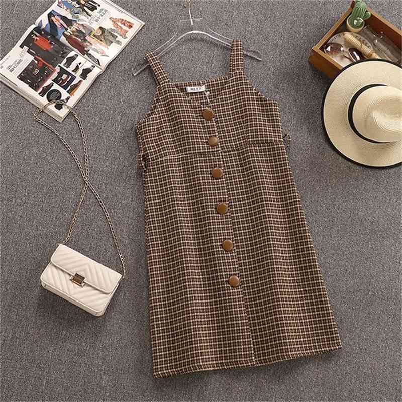 Autumn Winter Woman Long Sleeves Knitted T-shirt + Tweed Blend Plaid Dress 2 pcs sets Female Outfits Free Belt 210506