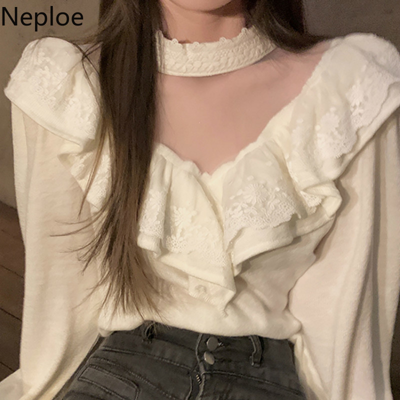 Neploe Sweet Ruffles Sweaters Women Sexy V-neck Lantern Sleeve Knitted Pullovers Korean Fashion Jumper Tops Sueter Mujer 4G521 210422