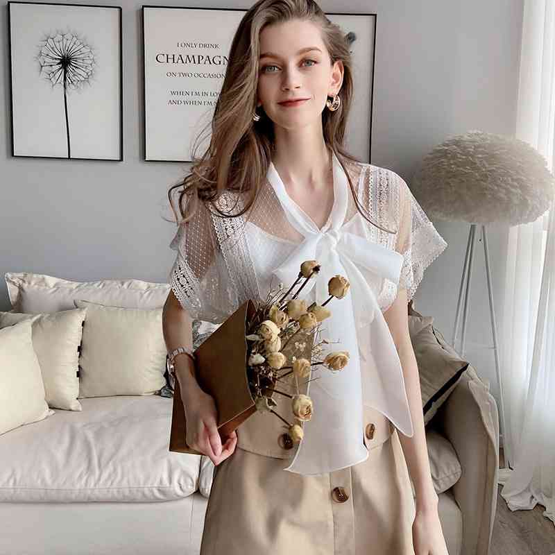 Dabuwawa Elegant White Tie Neck Mesh Sexy Blouse Shirt Women Bow Collar Short Sleeve Ladies Tops And Blouses DT1BST015 210520