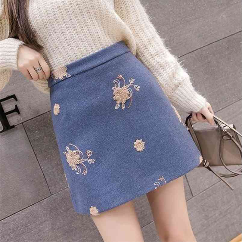 Arrival Autumn Winter Women High Waist Slim Woolen Skirts Floral Embroidery Vintage A-line Mini Skirt Top Quality S234 210512