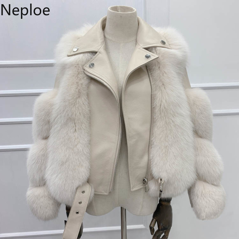 Neploe Autumn Winter Clothes Woman Jacket Faux Fox Fur Patchwork PU Coat Women Streetwear Korean Fashion Short Tops 94482 210422