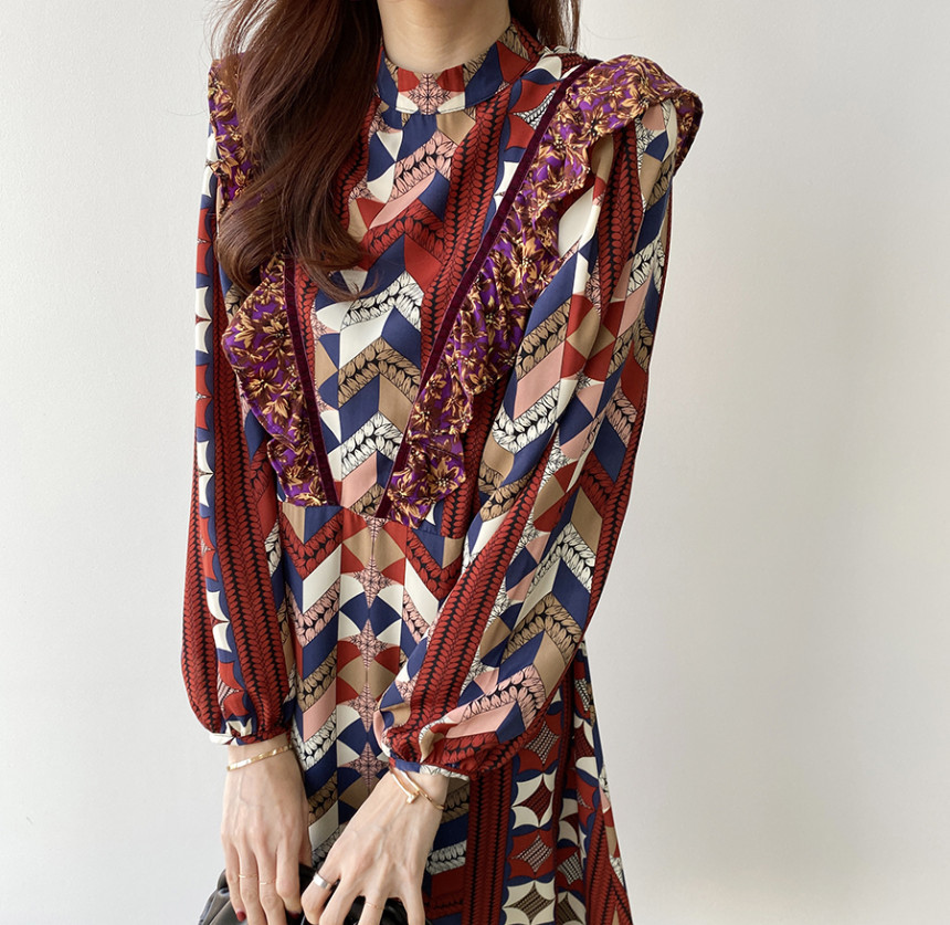 Spring Vintage printing Lace Up Women Dress Stand Collar Full Sleeve Female Elegant Ruffles casual Long Dress Vestidos 210518