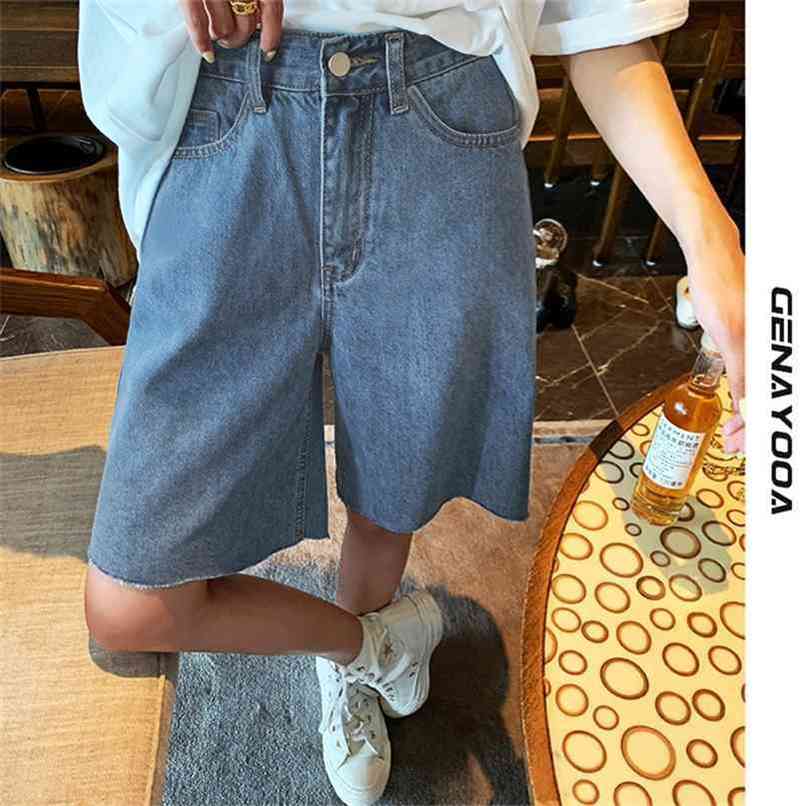 Genayooa Streetwear Blue Cotton Denim Shorts Jeans Korean Style Summer Half- Length Short Feminino High Waist Biker 210714