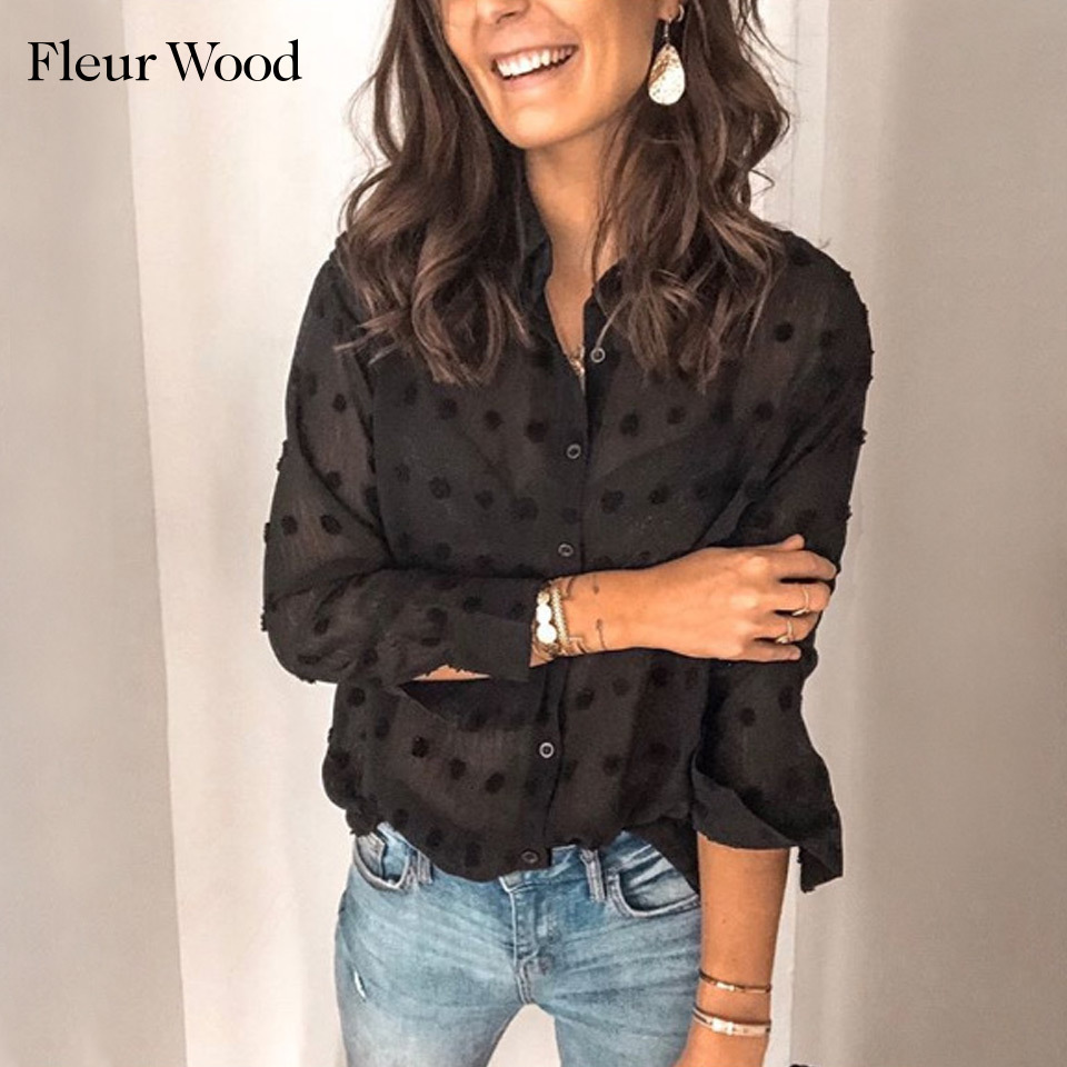 FLEUR WOOD Long Sleeve Blouses V-neck Tops Dot Sexy Blouse Ladies Shirt Women Clothes 2021 210317