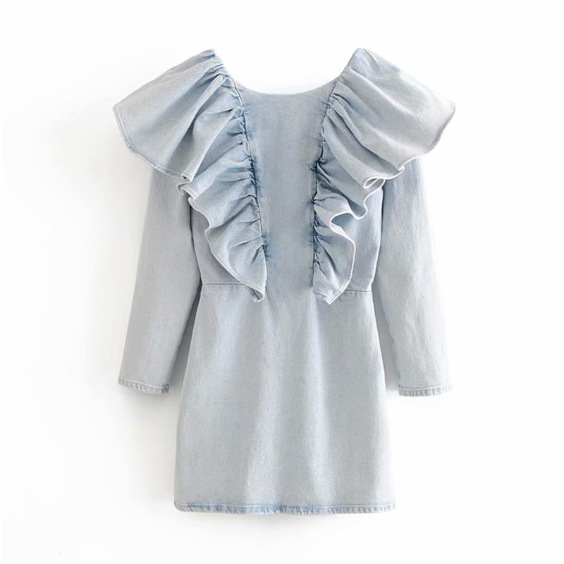 Ruffles O Neck Cowboy Mini Dress Long Sleeve Zipper Chic es Light Blue Color A Line Women Vestidos Mujer XS-L 210515