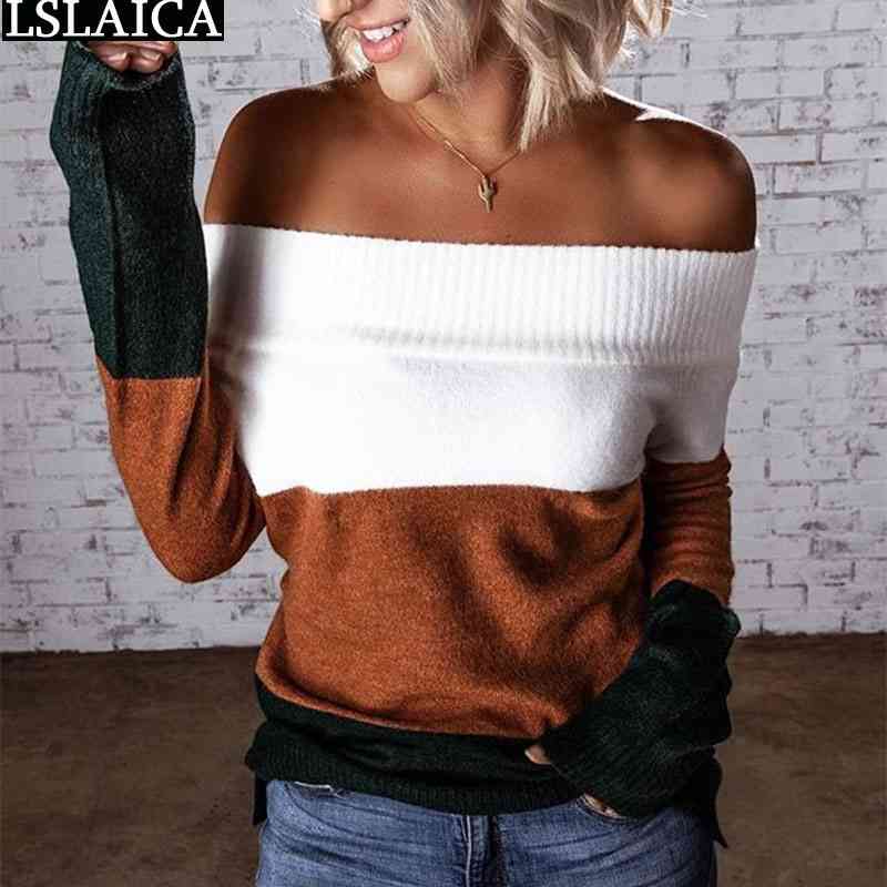 Woman Sweaters Off The Shouler Long Sleeve Knitted Loose Sweater Women Color Matching Fashion Casual Autumn Winter Clothes 210520, Brown
Woman Sweaters Off The Shouler Long Sleeve Knitted Loose Sweater Women Color Matching Fashion Casual Autumn Winter Clothes 210520, Brown
