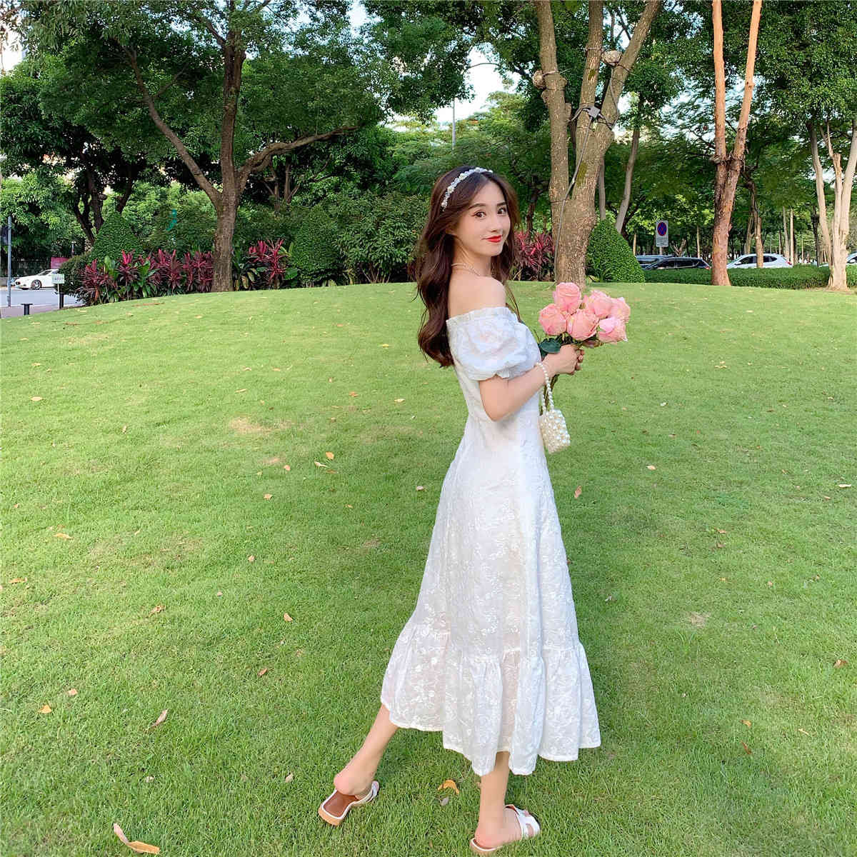 Summer White Elegant Midi Dress Women Short Sleeve Vingate Floral Dress Female Evening Party Basic Dress Korean 210521