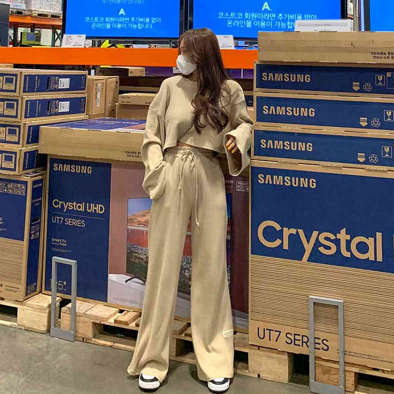 Korea Spring women's Knitted Tracksuit 2 Pieces Set Fashion O-Neck Long Sleeve Loose T-Shirt Top + High Waist Wide Leg Pant Suit 210519