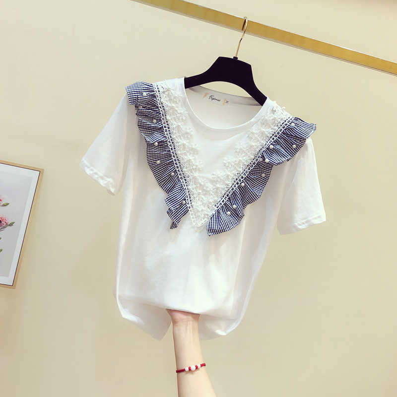 Beading Ruffles Lace Patchwork O Neck Short-sleeved T-shirt Women' Spring Summer Loose Tops 210615, White
Beading Ruffles Lace Patchwork O Neck Short-sleeved T-shirt Women' Spring Summer Loose Tops 210615, White