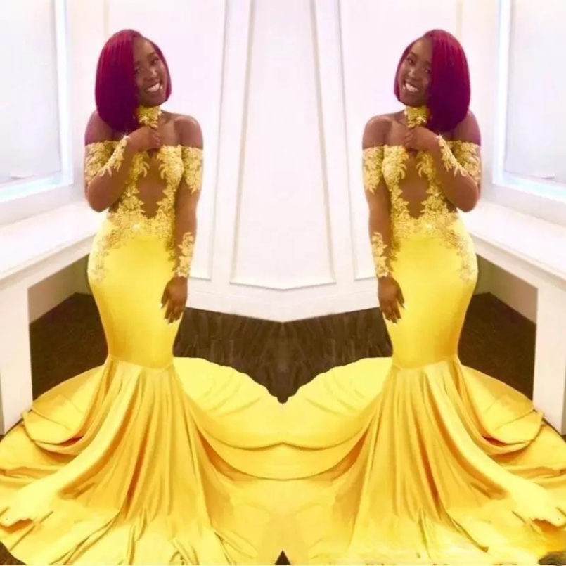 Newest Sexy Yellow Black Girls Mermaid Prom Dresses Lace Long Sleeves Backless Satin Floor Length Formal Party Wear Evening Gowns Custom
Newest Sexy Yellow Black Girls Mermaid Prom Dresses Lace Long Sleeves Backless Satin Floor Length Formal Party Wear Evening Gowns Custom