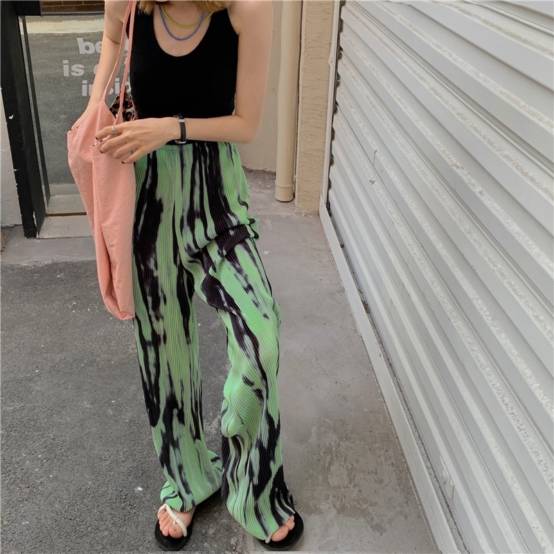 Pants & Capris Thin Summer Blue High Waist Tie-dye Wide-leg Women Casual Straight Loose Mopping Trousers Street Retro 210429