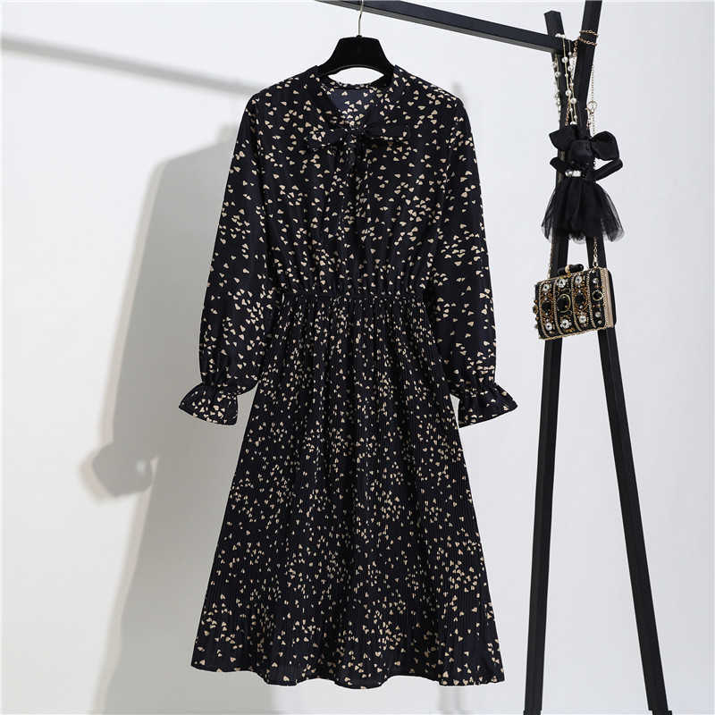 Women Casual Autumn Winter Dress Long Sleeve Bow Collar Lady Korean Style Vintage Floral Printed Chiffon Shirt Long Dresses 210630