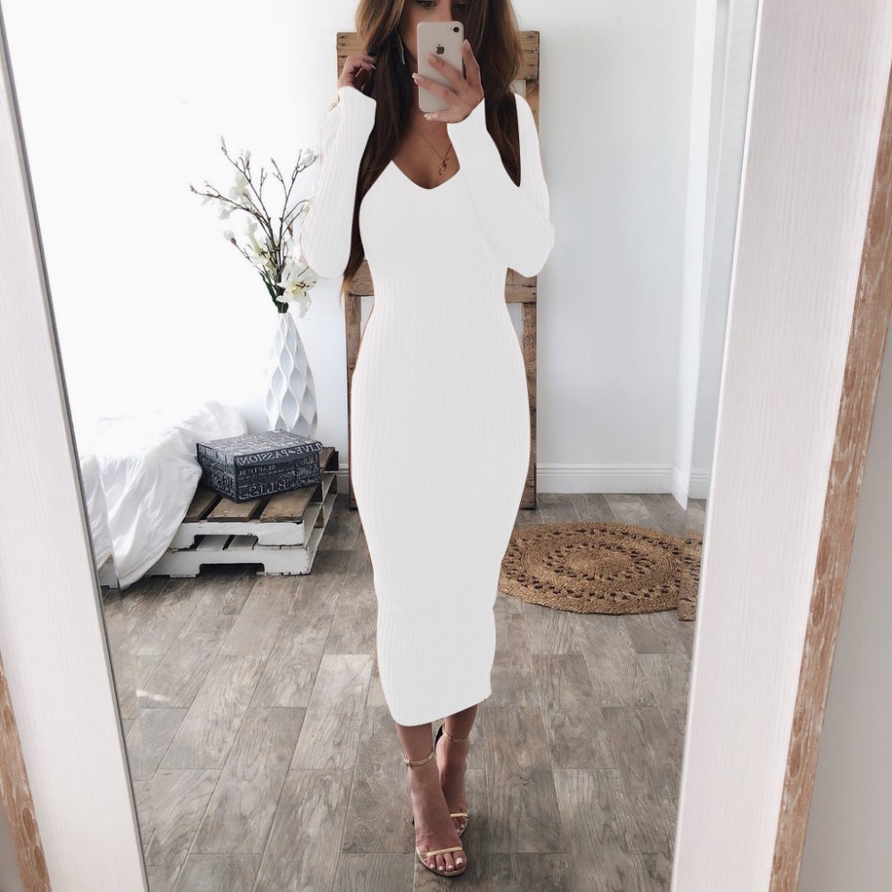 Spring Autumn Rib Knitted Maxi Dress Sexy Low Cut V Neck Long Sleeve Women Wrap Hip Elegant Slim Thin Bodycon es 210522