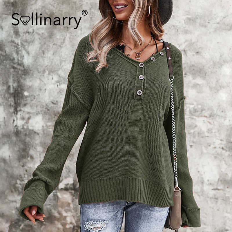 Sollinarry Office lady button loose pullover solid Elegant v-neck long sleeve sweater autumn winter Casual fashion female top 210709