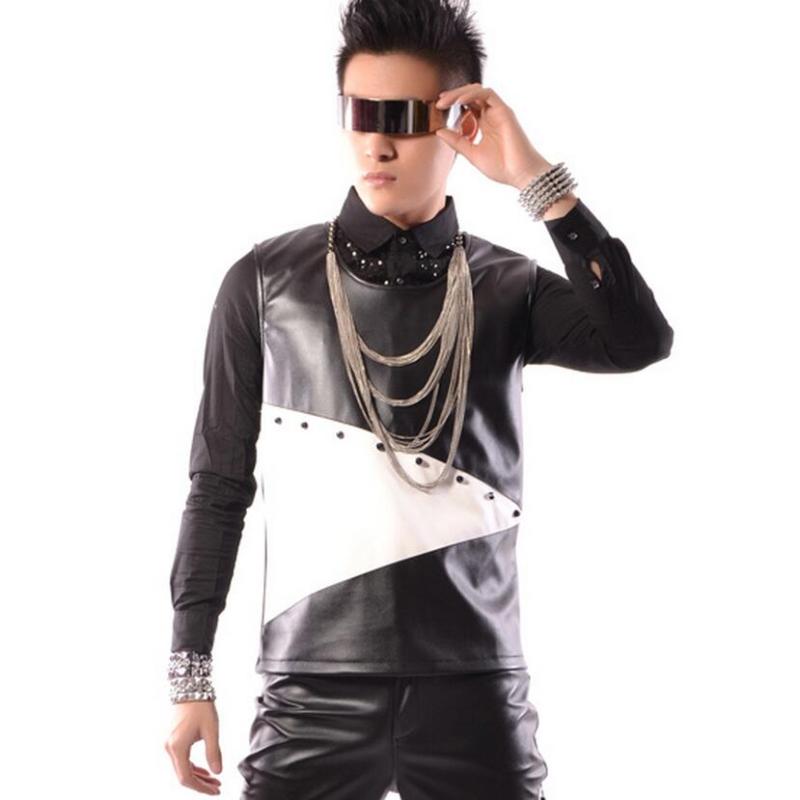 The United Europe States Large Size Black And White Pu Leather Stitching Rivets Dj Hip-hop Men Singer Casual Clothing /s-5xl Men's Jackets