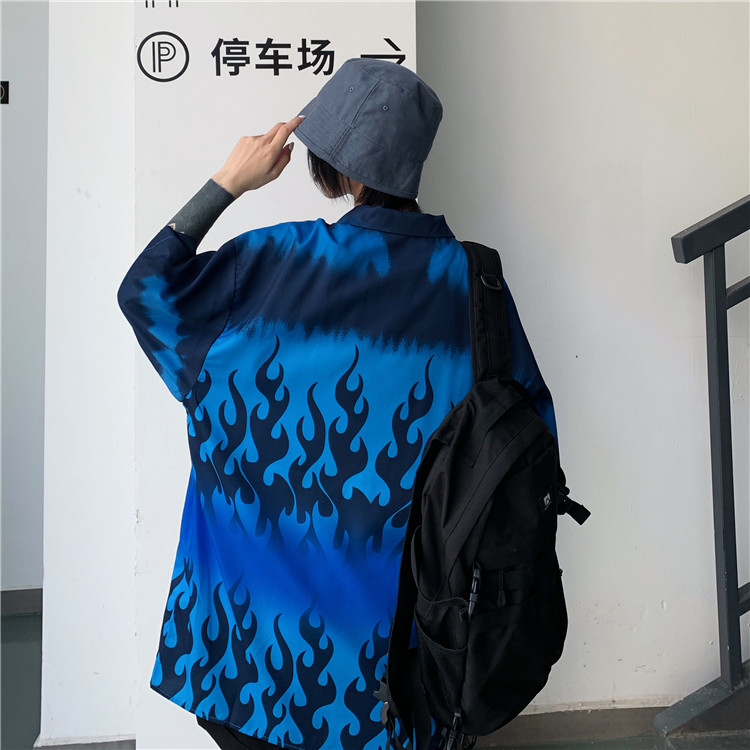Harajuku Loose Summer Tops Women Man Casual Blue Flame Print Blouse Short Sleeve Oversize Blusas Shirt Hip-hop Streetwear 210519