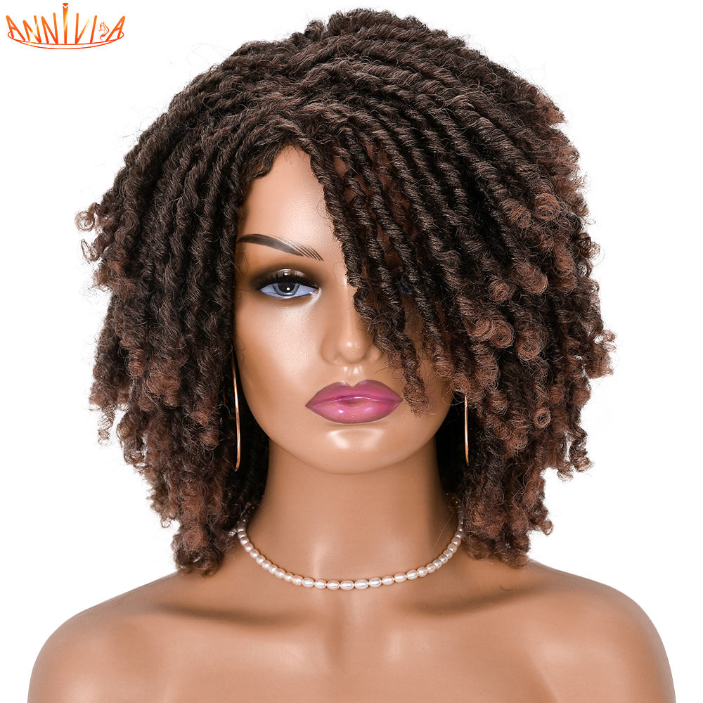 Short Soft Dreadlock Synthetic Wigs For Black Women Afro Kinky Curly Hair With Bangs Ombre Brown Crochet Twist Hair Anniviafactory direct