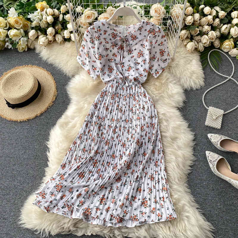 Floral A-line Chiffon Vestidos High Waist Pleated Korean Fashion Summer Dress Dresses Women 210521