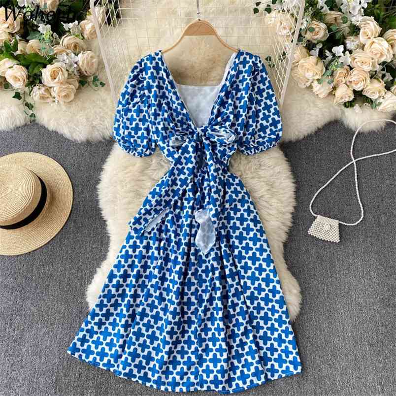 Vestido De Mujer Summer Backless Hollow Bow Slim Sweet Dress Women Sexy Puff Sleeve Fashion Print Bandage Party Dresses 210519