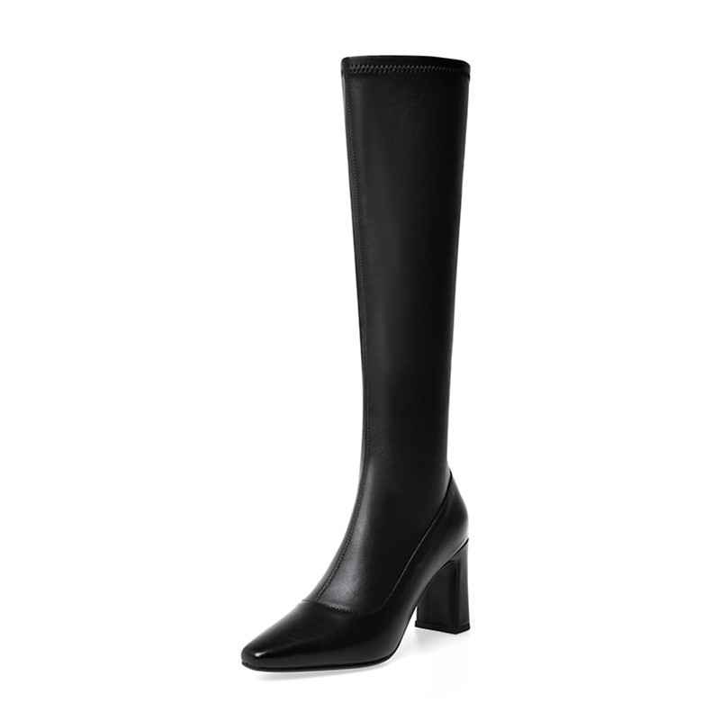Meotina Winter Knee High Boots Women Natural Genuine Leather Thick Heel Long Boots Zip Super High Heel Shoes Lady Autumn Size 43 210520