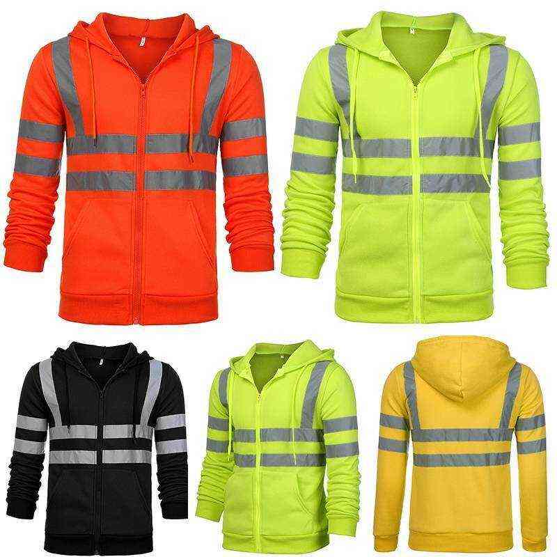 Mens Hi Vis Viz Visibility Hooded Sweatshirt Safety Work Jacket Coat Zip Outwear Summer Zip Tops 211110