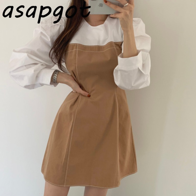 Autumn Vintage Plus Size Casual Dress Short Contrast Color O Neck Puff Sleeve Patchwork Vestido De Mujer Chic Korea Fashion 210429