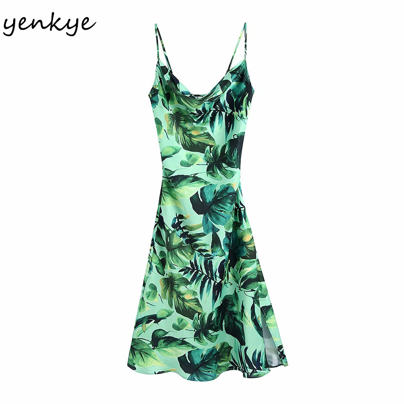Summer Women Green Tropical Print Sling Long Dress Female Sleeveless Side Slits Sundress Sexy Vestido 210430