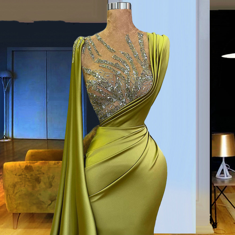 Green Long Olive Mermaid Evening Dresses Beads Satin Party Prom Gowns Middle East Formal Robe Doire De Mariage