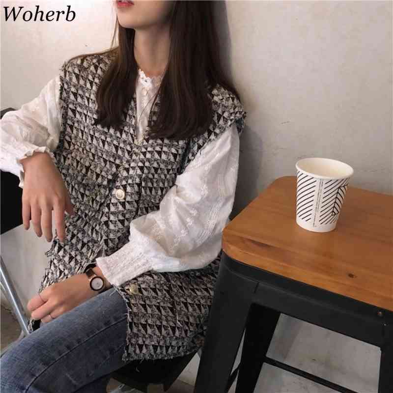 Spring Suit Women Retro Tweed Grid Vest Jacket long Sleeve Solid O Neck Shirt Korean Fashion Elegant 2 Piece Set Female 210519