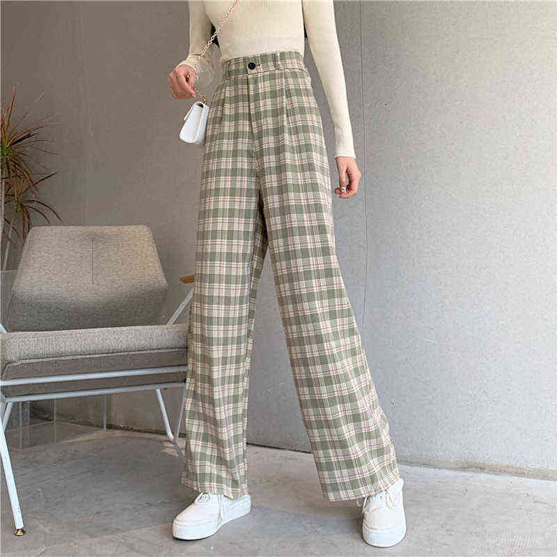 Zoki Plaid Women Pants Elastic High Waist Korean Fashion Plus Size Loose Spring Ladies Full Straight Casual Trousers S-4XL 211115