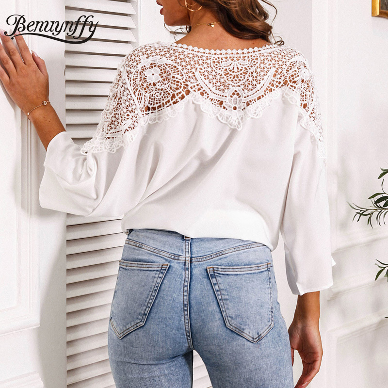 Round Neck Solid Hollow out Lace Shoulder Chiffon Blouse Summer 3/4 Sleeve Tie Hem Casual Womens Tops and Blouses 210510