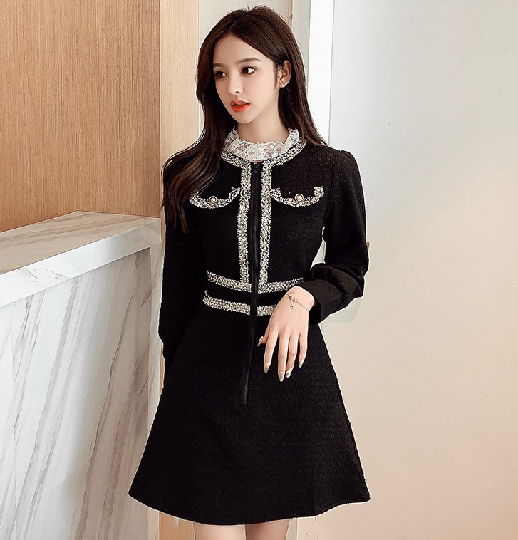 Autumn Winter Vintage Korean Zipper Women Elegant Lace Patchwork Tweed Dress Party Long Sleeve Runway Vestidos 210519