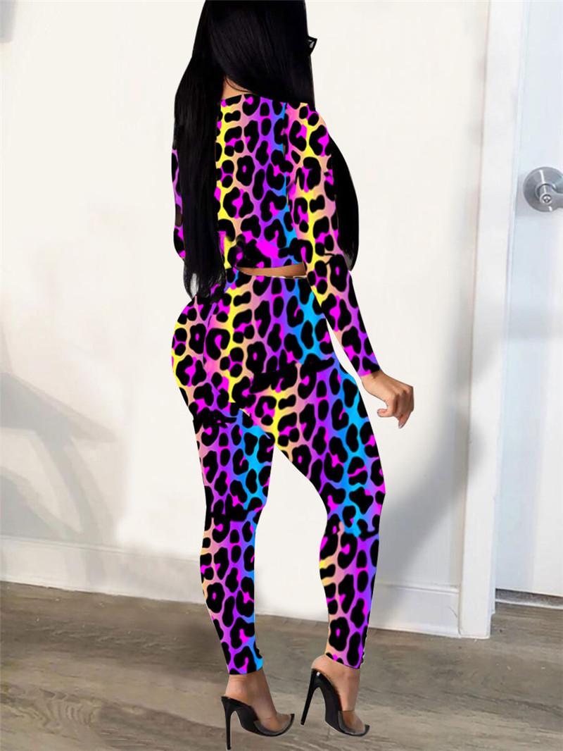 Leopard Print Two Piece Set Women Hollow Out Long Sleeve Crop Top High Waist Elastic Pants Suit Female Sexy Clubwear Tracksuit Women's Track