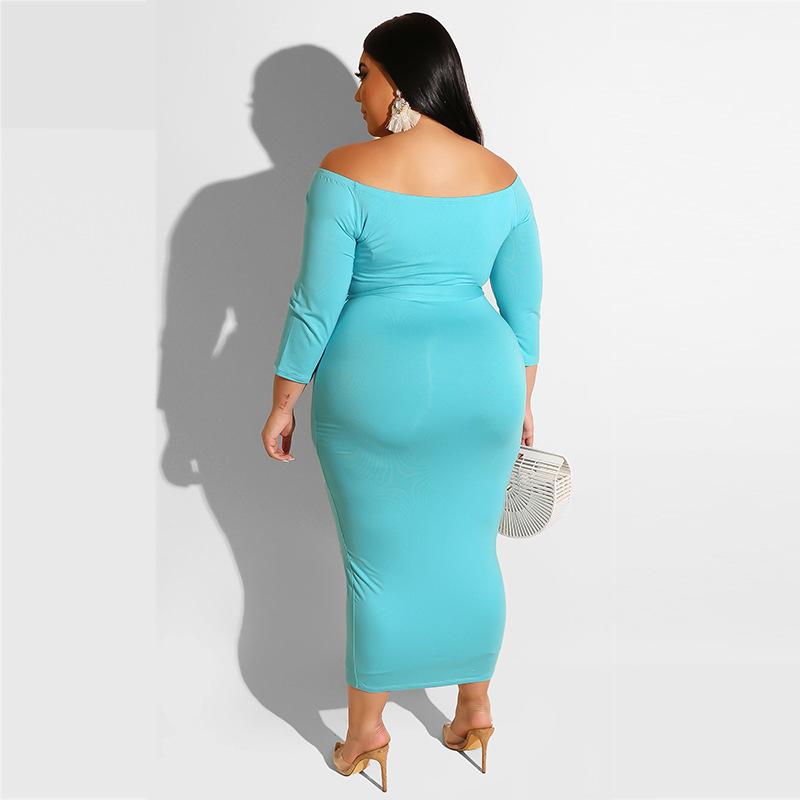 Casual Dresses Summer Fall Solid Plus Size Women Dress Slash Neck Long Sleeves Stretchy Mid Calf Bodycon For Party Nightclub