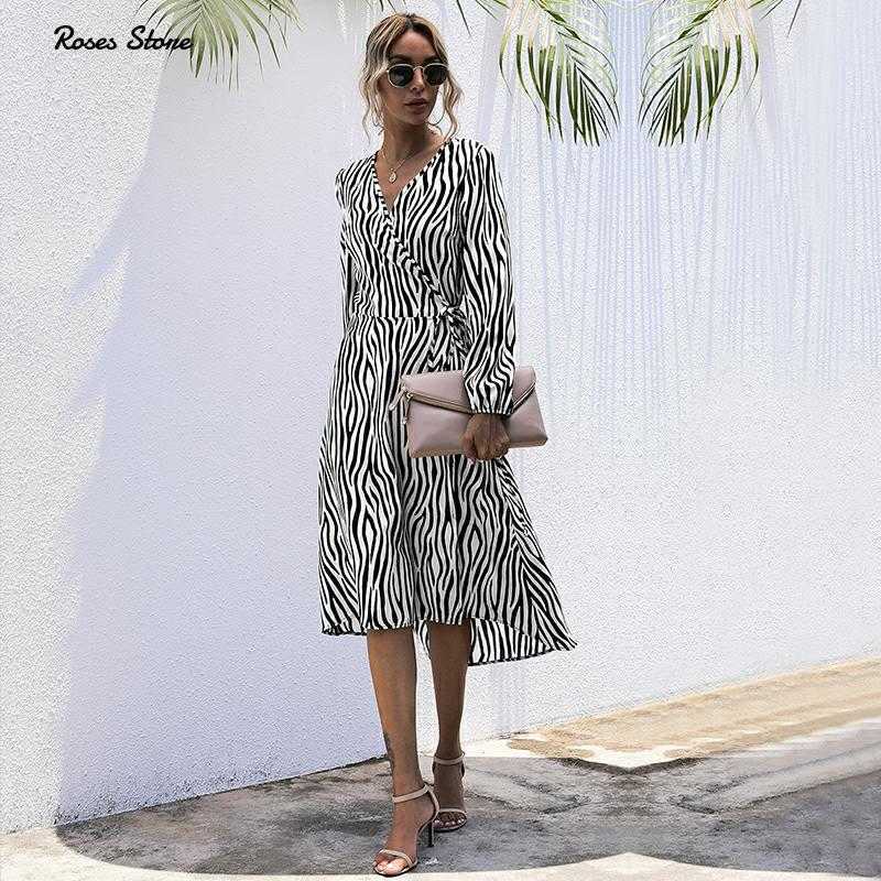 Arrival Fashion Women Dresses Long Sleeve Wrap Fall Clothes Office Elegant Midi Frocks for Ladies Spring Zebra Stripes 210630