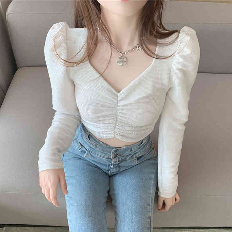 Pleated Short Sexy White Shirt Tops Female Spring Office Casual Blouse Shirts Women Puff Sleeve Solid V-Neck Blosues 12961 210518