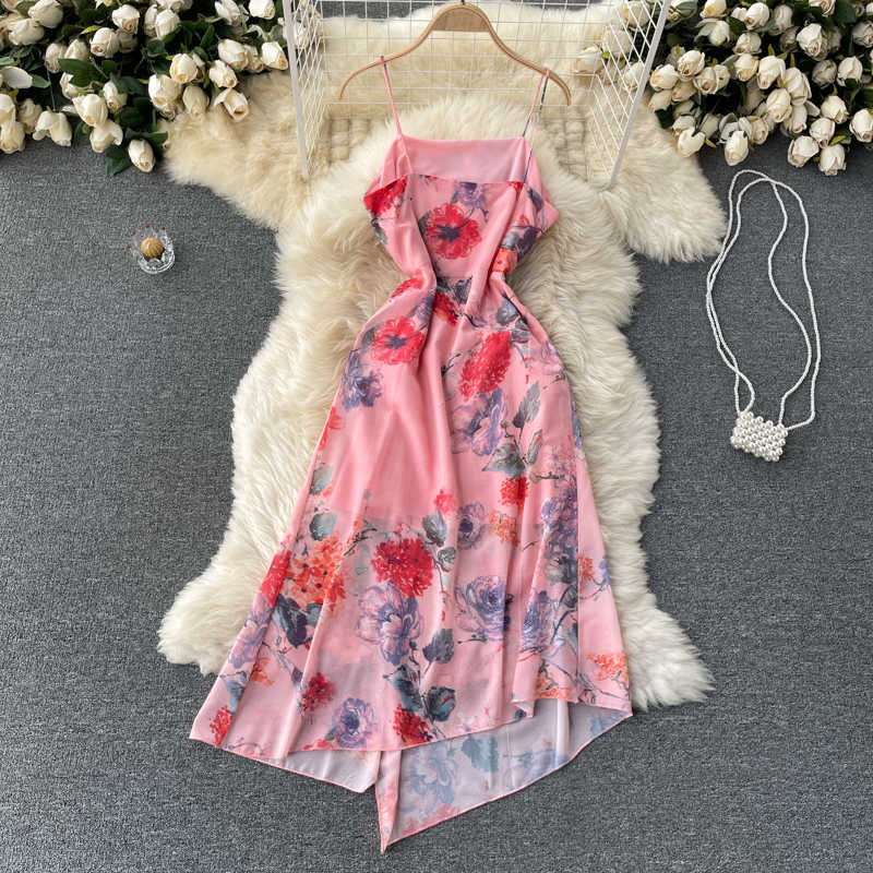 DEAT Women Printing Slin Asymmetrical Dress Square Neck Sleeveless Arrivals Lady Sexy Fashion Spring Summer 11D557 210709