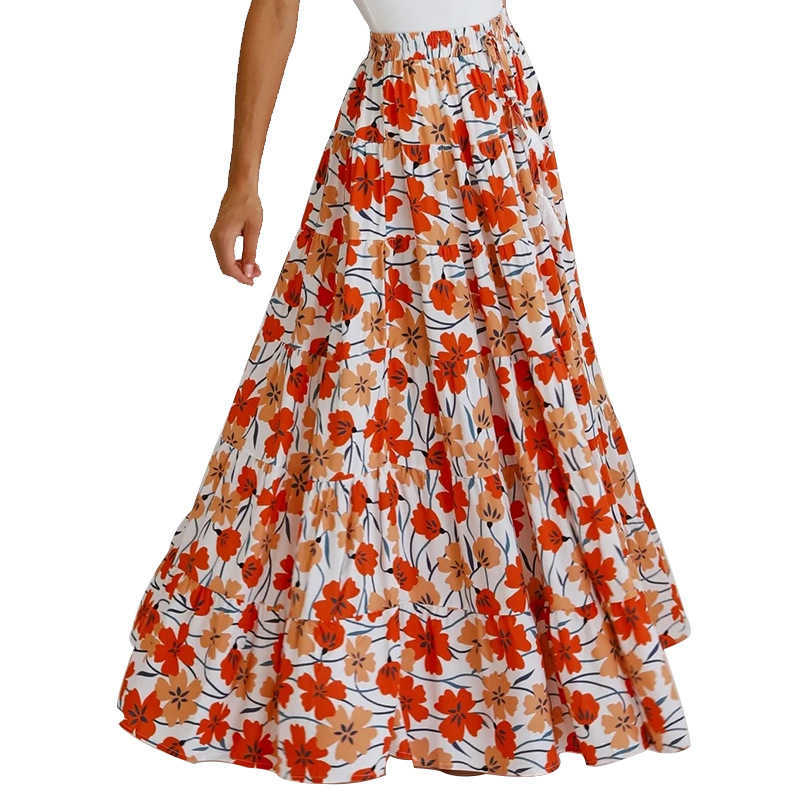 Women Skirt Elastic Waisted Printed Loose Long Pleated s High Waist Flower Maxi s Spring Summer 210524