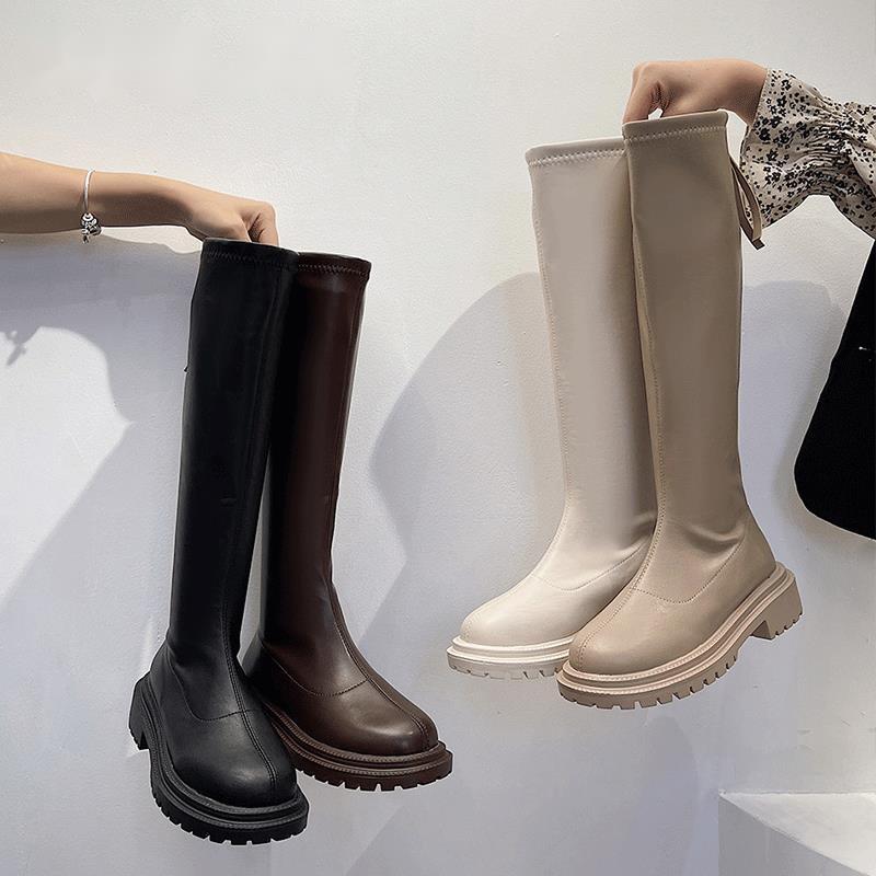 Boots Women Thigh High 2021 Winter Slim Flat Thick Sole Platform Female Black Knee-High Motorcycle Women's Shoes
