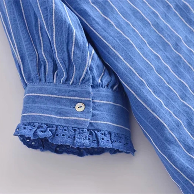 Women Chic Summer Stripe Blue Shirt Vintage Single Breasted Fashion Peter Pan Collar Puff Sleeve Blouse Female Tops 210521