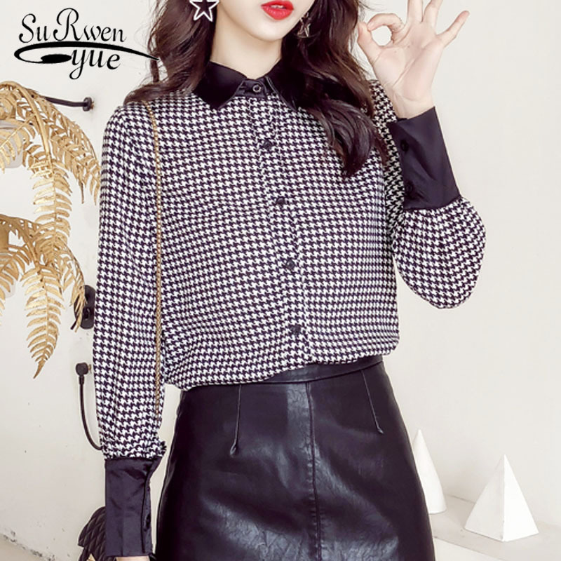 Autumn Fashion Women Blouses Casual Turn-down Neck Tops Long Sleeve Lattice Shirt Office Lady 5705 50 210508